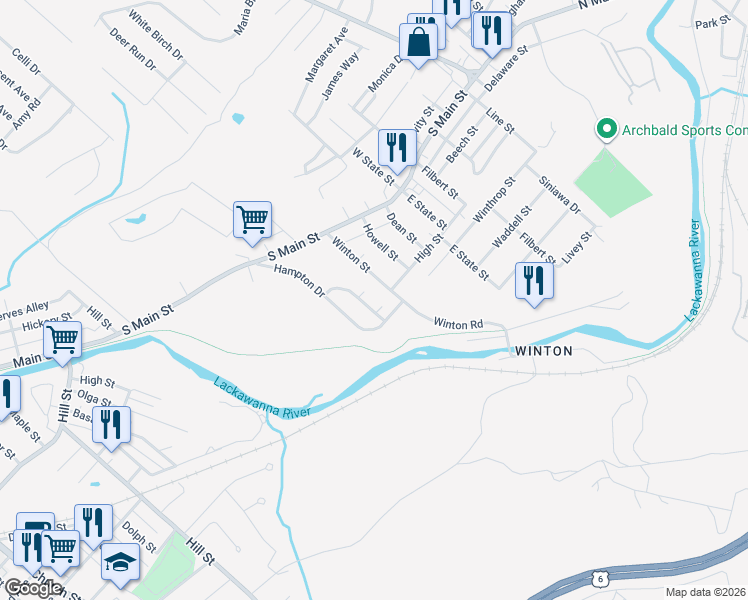 map of restaurants, bars, coffee shops, grocery stores, and more near 1344 Winton Street in Archbald