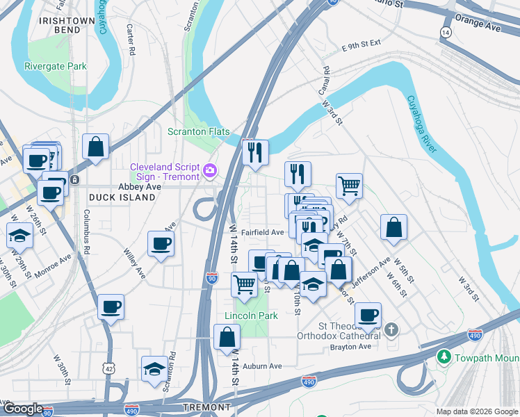 map of restaurants, bars, coffee shops, grocery stores, and more near 2071 West 13th Place in Cleveland