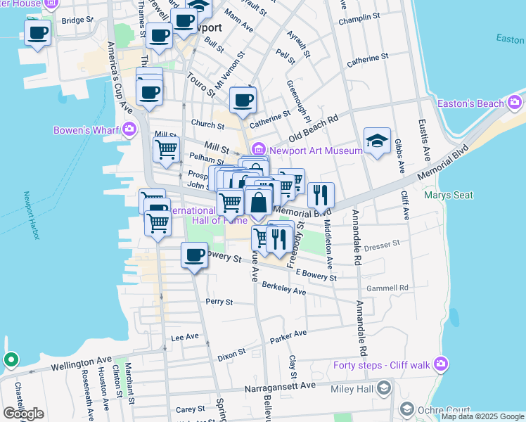 map of restaurants, bars, coffee shops, grocery stores, and more near 152 Bellevue Avenue in Newport