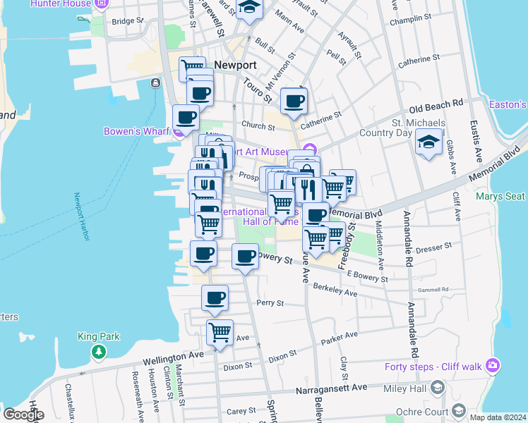 map of restaurants, bars, coffee shops, grocery stores, and more near 62 Rhode Island 138A in Newport
