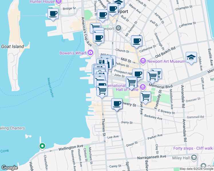 map of restaurants, bars, coffee shops, grocery stores, and more near 233 Memorial Boulevard West in Newport