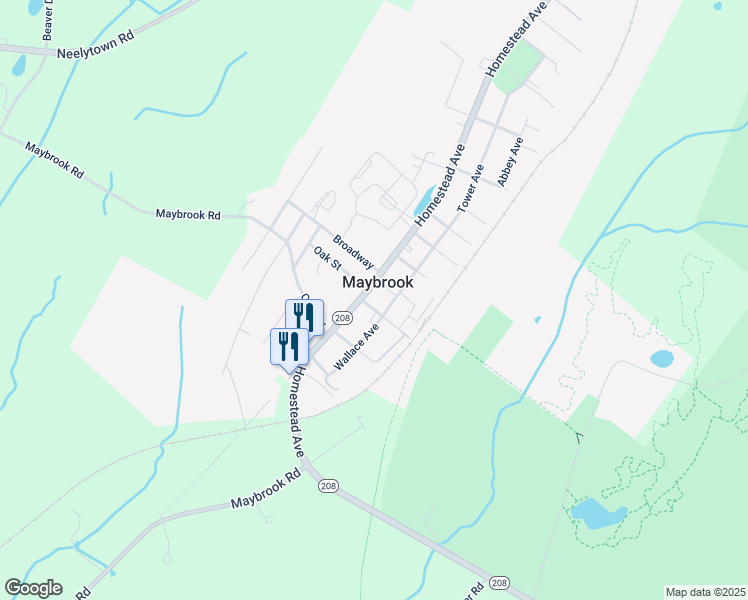 map of restaurants, bars, coffee shops, grocery stores, and more near 104 Oak Street in Maybrook
