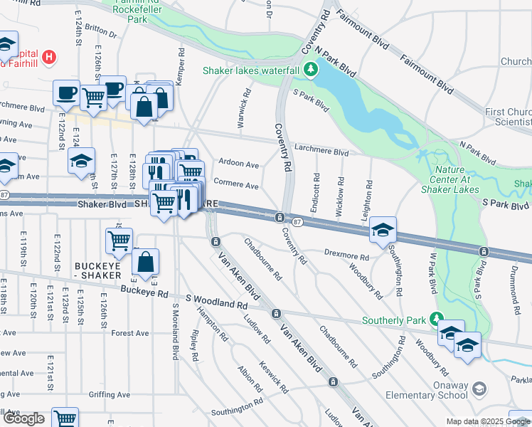 map of restaurants, bars, coffee shops, grocery stores, and more near 13901 Shaker Boulevard in Cleveland