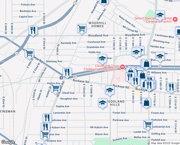 map of restaurants, bars, coffee shops, grocery stores, and more near 10302 Rosehill Avenue in Cleveland