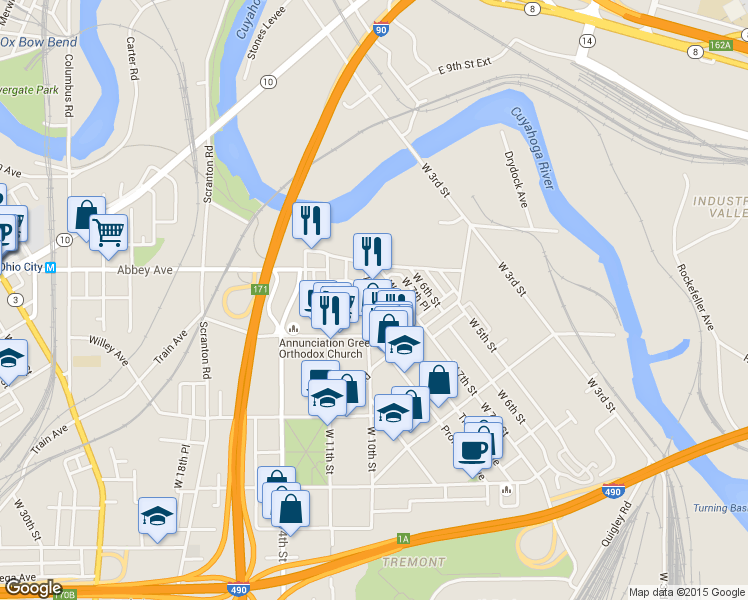 map of restaurants, bars, coffee shops, grocery stores, and more near 2080 West 7th Street in Cleveland