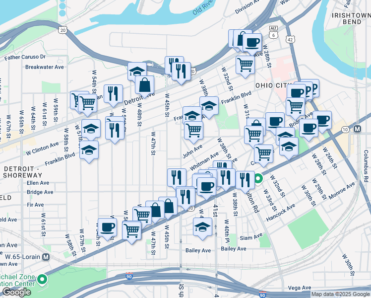 map of restaurants, bars, coffee shops, grocery stores, and more near 4201 Woodbine Avenue in Cleveland