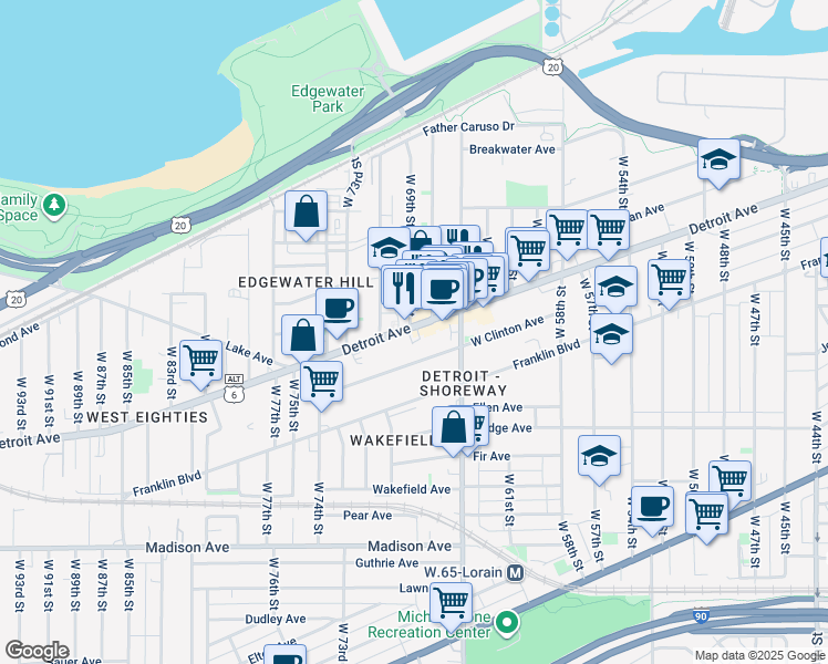 map of restaurants, bars, coffee shops, grocery stores, and more near 1379 West 69th Street in Cleveland