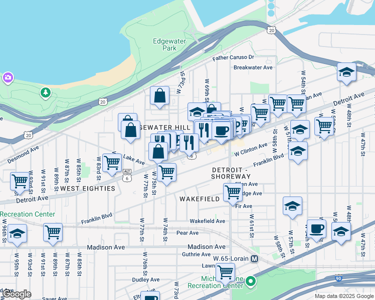map of restaurants, bars, coffee shops, grocery stores, and more near 1360 West 70th Street in Cleveland