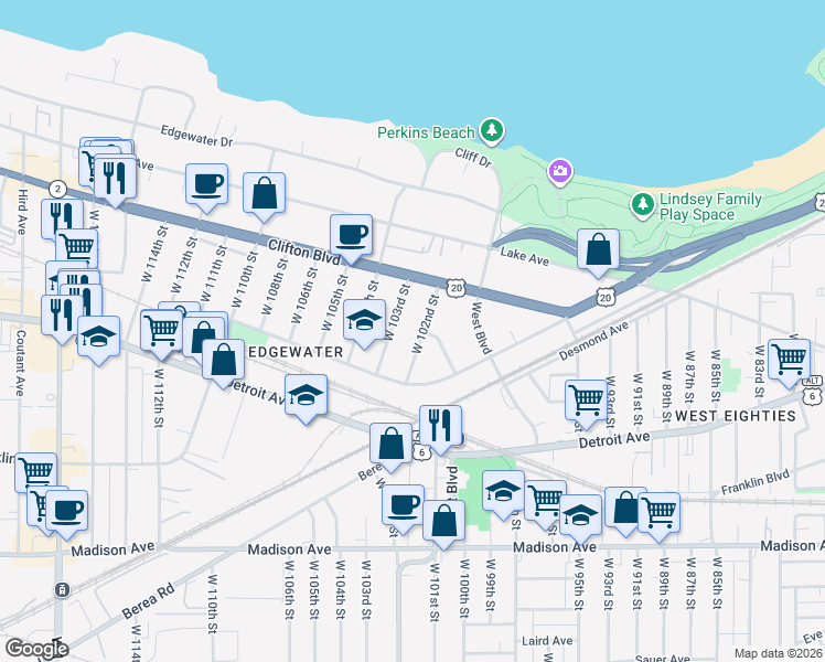 map of restaurants, bars, coffee shops, grocery stores, and more near 1276 West 102nd Street in Cleveland