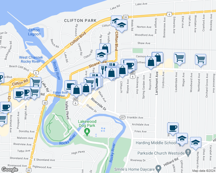 map of restaurants, bars, coffee shops, grocery stores, and more near 18119 U.S. 6 Alternate in Lakewood