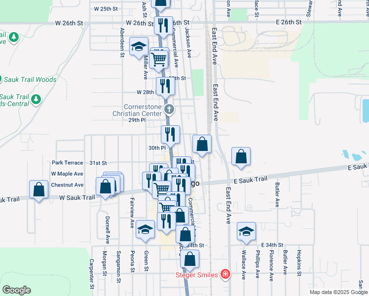 map of restaurants, bars, coffee shops, grocery stores, and more near 3006 Commercial Avenue in South Chicago Heights