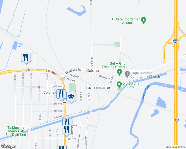 map of restaurants, bars, coffee shops, grocery stores, and more near in Colona