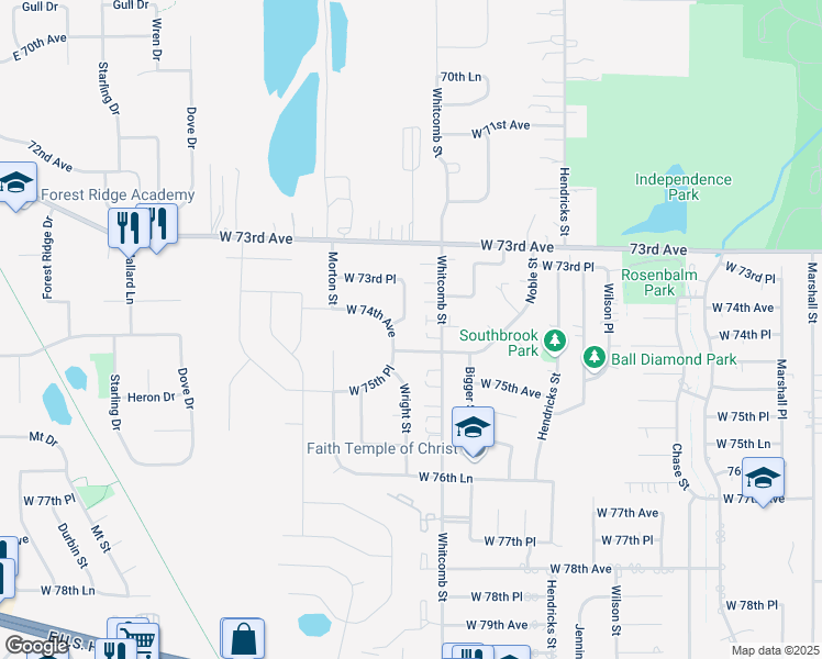 map of restaurants, bars, coffee shops, grocery stores, and more near 7399 Wright Street in Merrillville