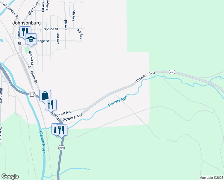 map of restaurants, bars, coffee shops, grocery stores, and more near 305 Powers Avenue in Johnsonburg
