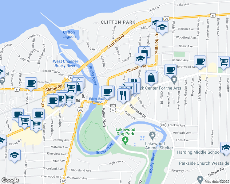 map of restaurants, bars, coffee shops, grocery stores, and more near 1339 Edanola Avenue in Lakewood