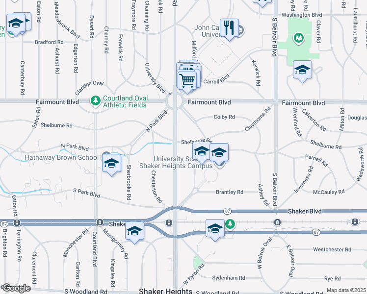 map of restaurants, bars, coffee shops, grocery stores, and more near 20551 Shelburne Road in Shaker Heights