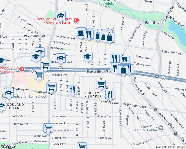 map of restaurants, bars, coffee shops, grocery stores, and more near 12600 Shaker Boulevard in Cleveland