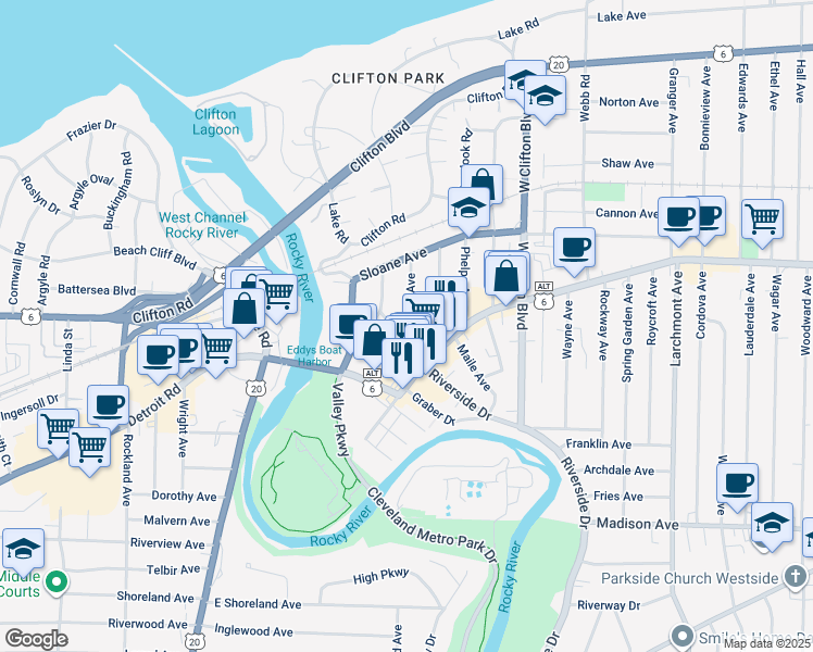 map of restaurants, bars, coffee shops, grocery stores, and more near 1332 Mathews Avenue in Lakewood