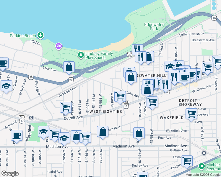 map of restaurants, bars, coffee shops, grocery stores, and more near 8318 Lake Avenue in Cleveland