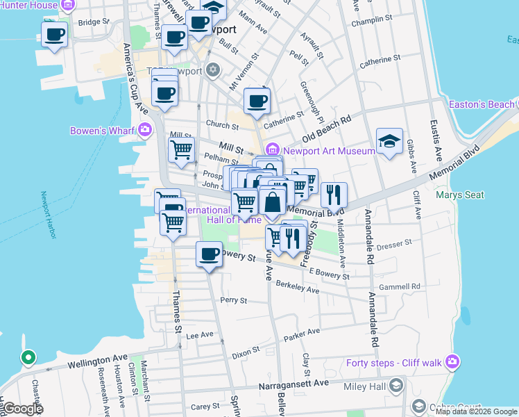 map of restaurants, bars, coffee shops, grocery stores, and more near 106 William Street in Newport