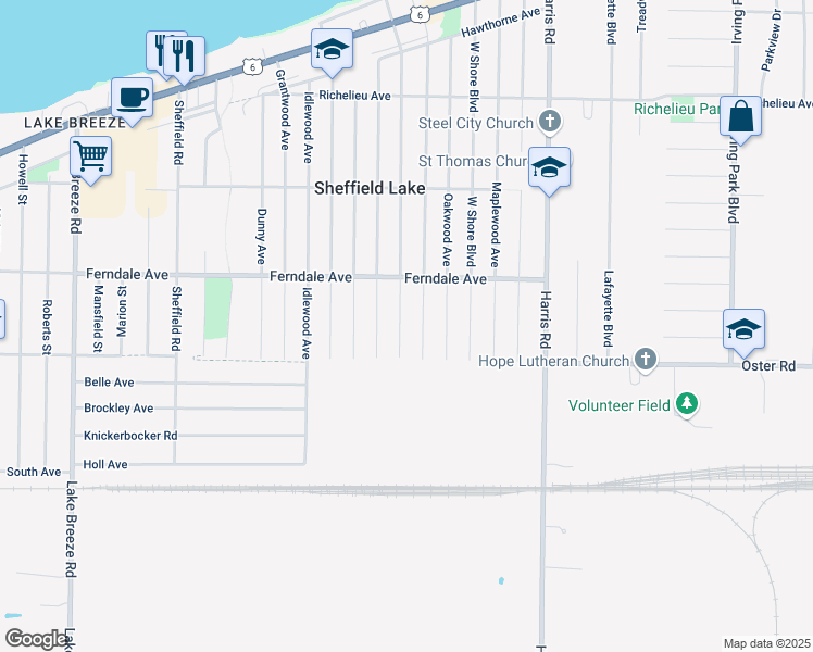 map of restaurants, bars, coffee shops, grocery stores, and more near 834 Alameda Avenue in Sheffield Lake
