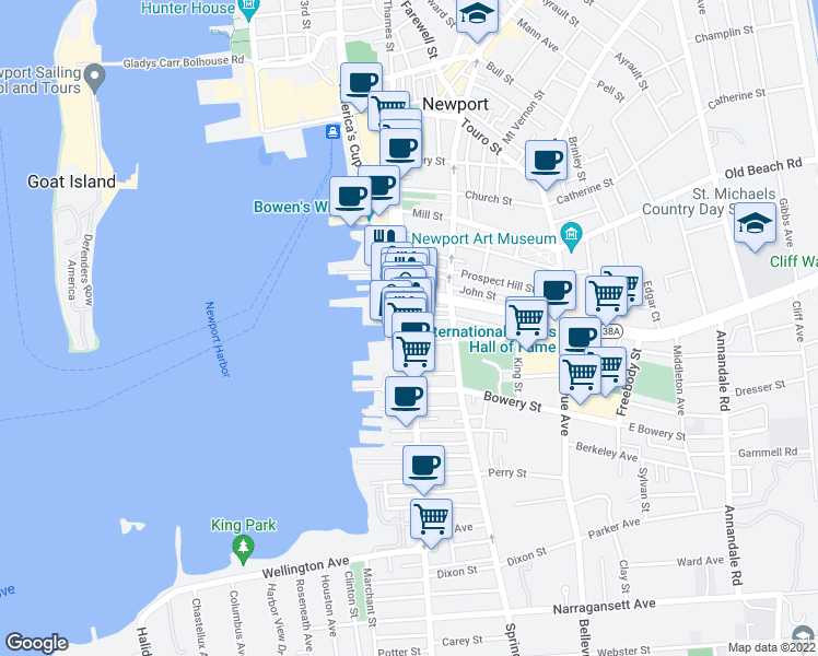 map of restaurants, bars, coffee shops, grocery stores, and more near 355 Thames Street in Newport
