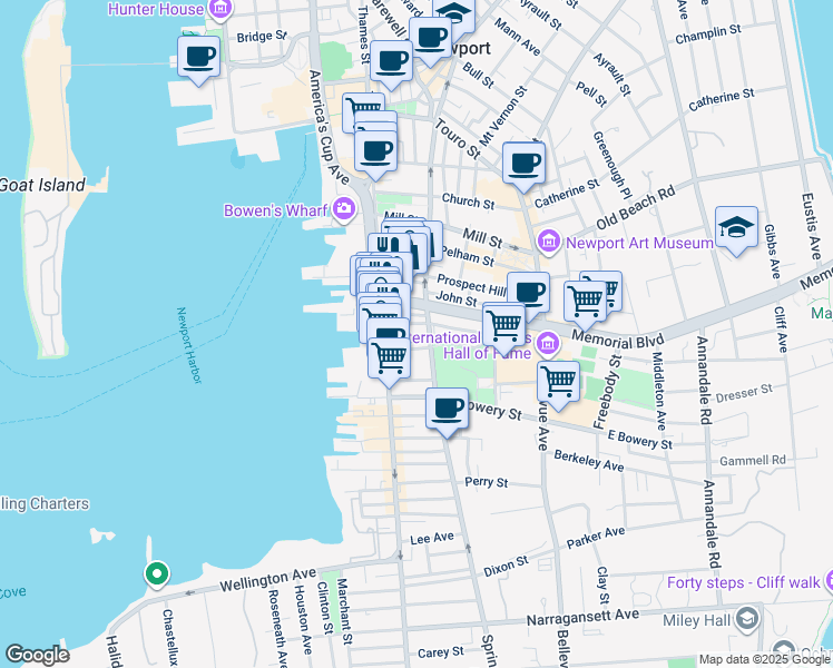 map of restaurants, bars, coffee shops, grocery stores, and more near 233 Memorial Boulevard West in Newport