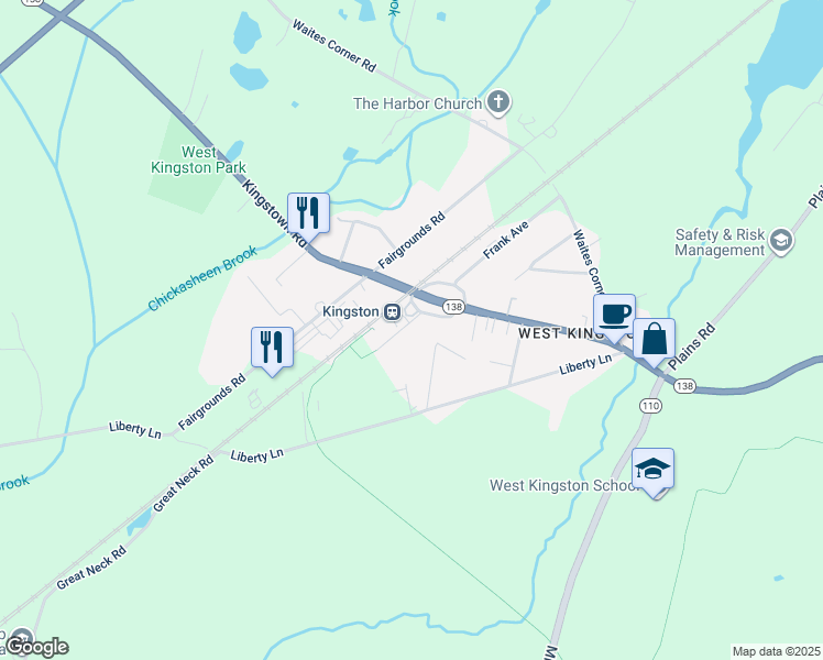 map of restaurants, bars, coffee shops, grocery stores, and more near 1 Railroad Avenue in South Kingstown