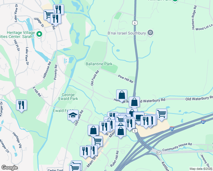 map of restaurants, bars, coffee shops, grocery stores, and more near 80 Heritage Road in Southbury