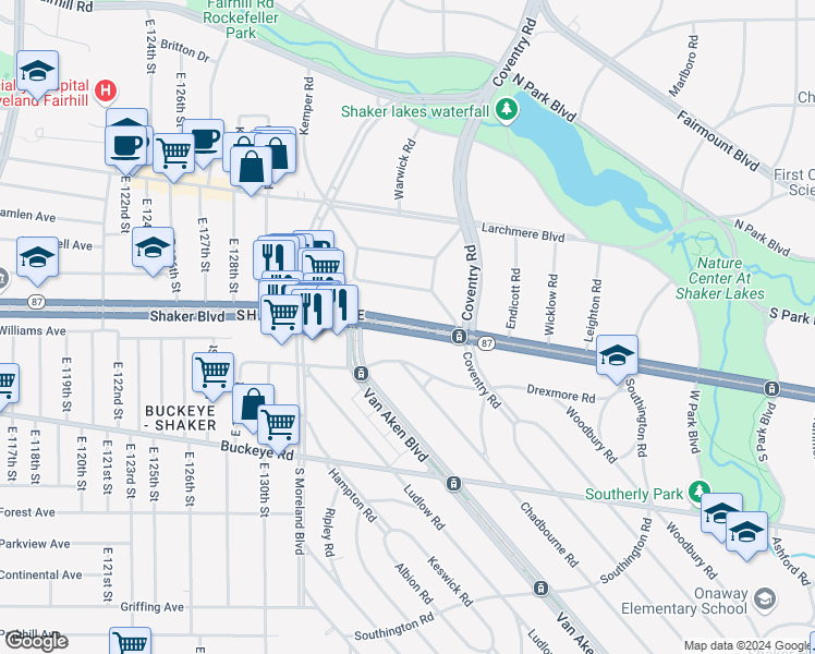 map of restaurants, bars, coffee shops, grocery stores, and more near 13705 Shaker Boulevard in Cleveland