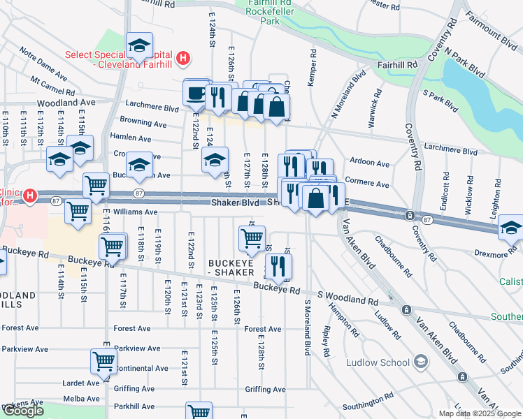 map of restaurants, bars, coffee shops, grocery stores, and more near 12730 Shaker Boulevard in Cleveland