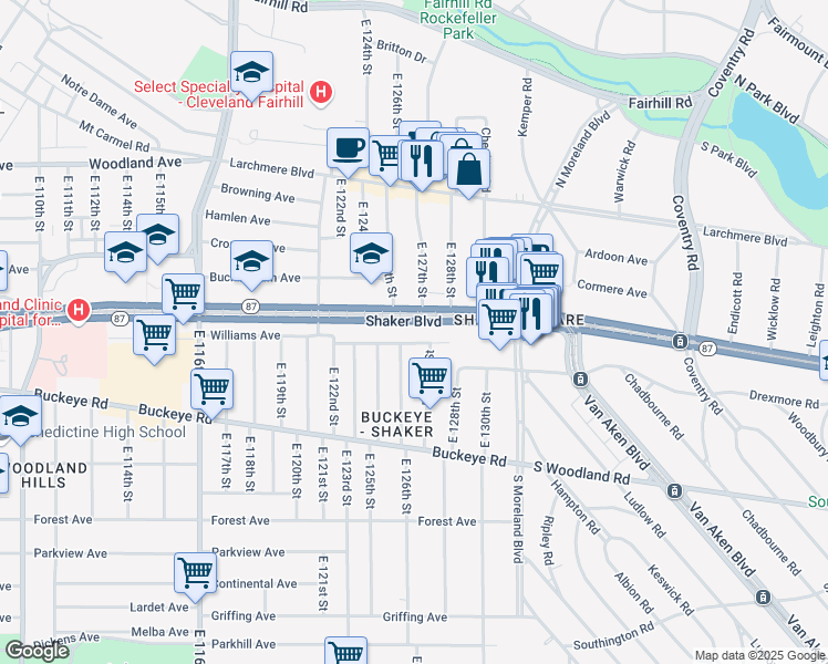 map of restaurants, bars, coffee shops, grocery stores, and more near 12730 Shaker Boulevard in Cleveland