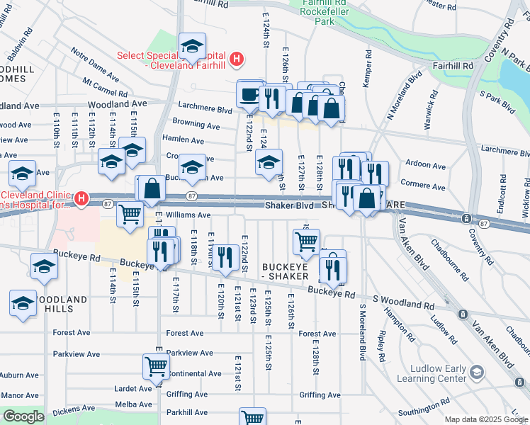 map of restaurants, bars, coffee shops, grocery stores, and more near 12450 Shaker Boulevard in Cleveland