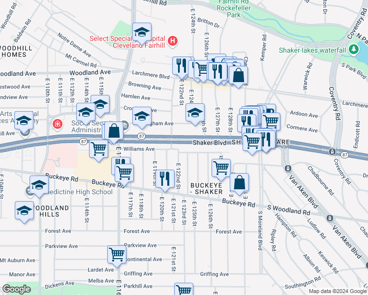 map of restaurants, bars, coffee shops, grocery stores, and more near 12450 Shaker Boulevard in Cleveland