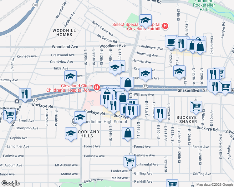 map of restaurants, bars, coffee shops, grocery stores, and more near 52 Shaker Boulevard in Cleveland