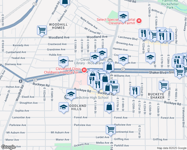 map of restaurants, bars, coffee shops, grocery stores, and more near 2750 East 116th Street in Cleveland