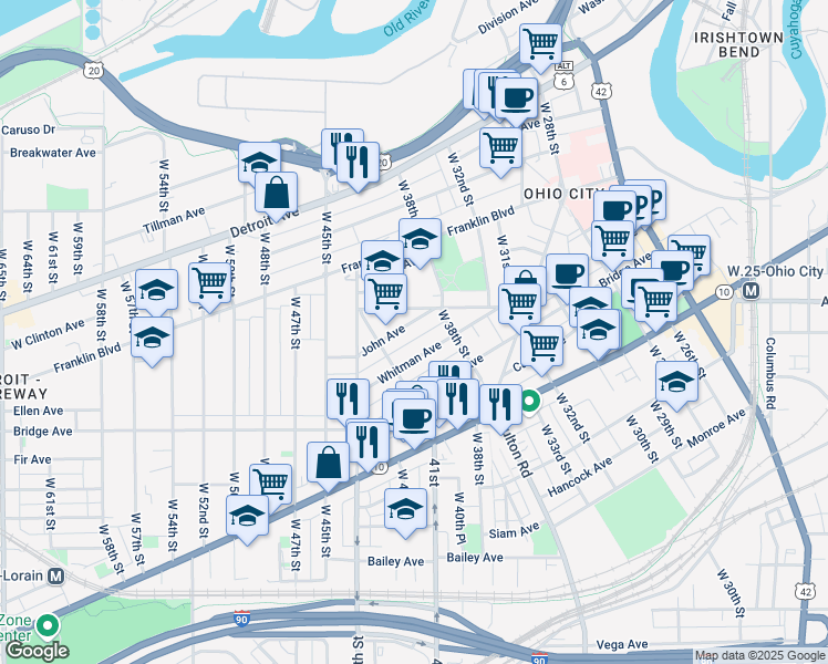 map of restaurants, bars, coffee shops, grocery stores, and more near 3905 Woodbine Avenue in Cleveland
