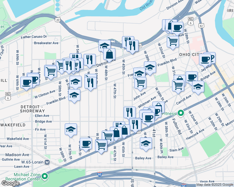 map of restaurants, bars, coffee shops, grocery stores, and more near 1797 West 47th Street in Cleveland