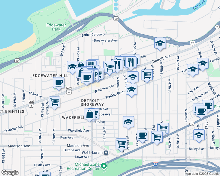 map of restaurants, bars, coffee shops, grocery stores, and more near 5912 West Clinton Avenue in Cleveland