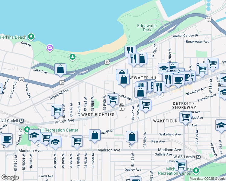 map of restaurants, bars, coffee shops, grocery stores, and more near 1308 West 80th Street in Cleveland
