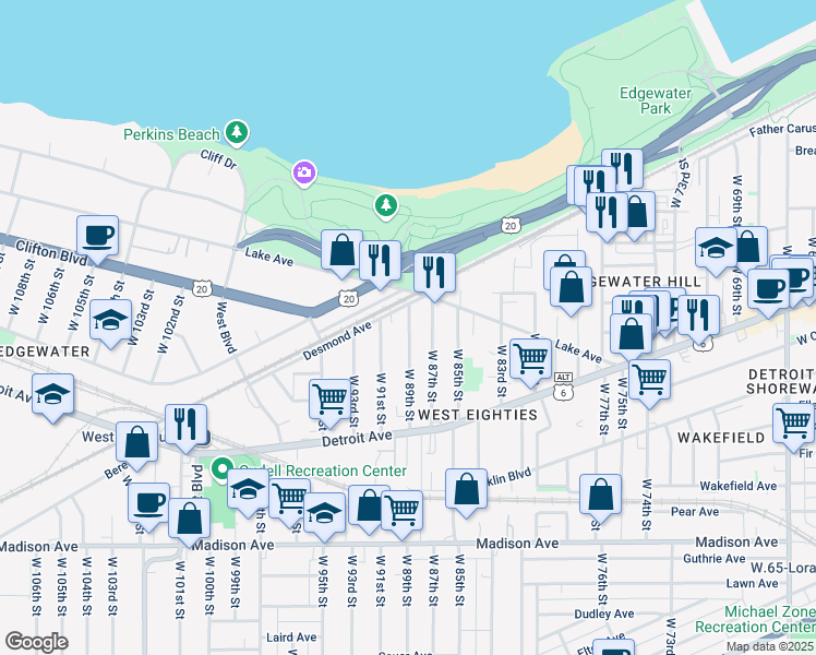 map of restaurants, bars, coffee shops, grocery stores, and more near 1264 West 89th Street in Cleveland