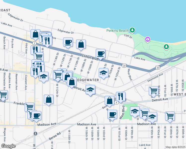 map of restaurants, bars, coffee shops, grocery stores, and more near 1305 West 106th Street in Cleveland