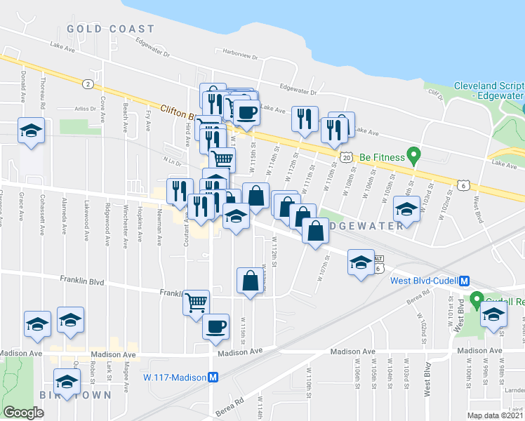 map of restaurants, bars, coffee shops, grocery stores, and more near 1346 West 112th Street in Cleveland
