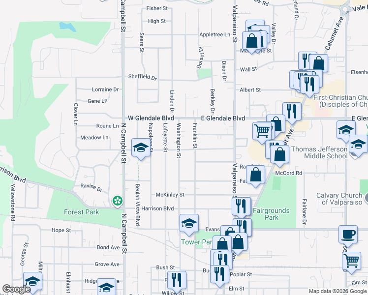 map of restaurants, bars, coffee shops, grocery stores, and more near 1701-1799 Franklin St in Valparaiso
