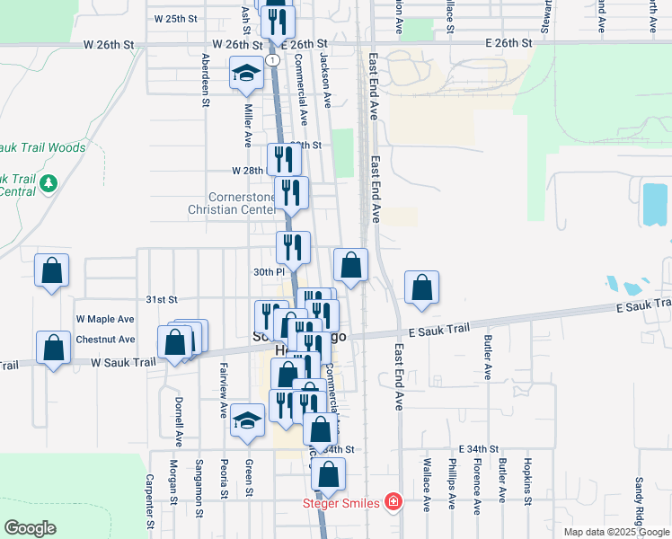 map of restaurants, bars, coffee shops, grocery stores, and more near 3002 Jackson Avenue in Chicago Heights