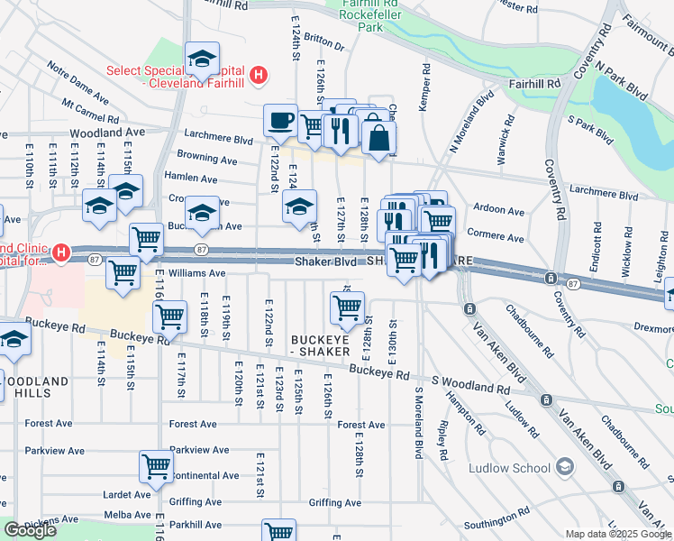 map of restaurants, bars, coffee shops, grocery stores, and more near 12730 Shaker Boulevard in Cleveland