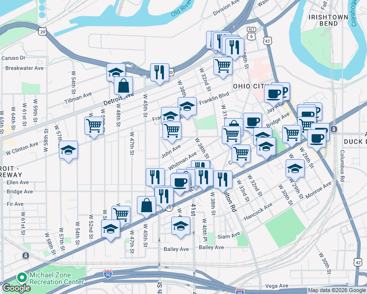 map of restaurants, bars, coffee shops, grocery stores, and more near 3818 John Avenue in Cleveland