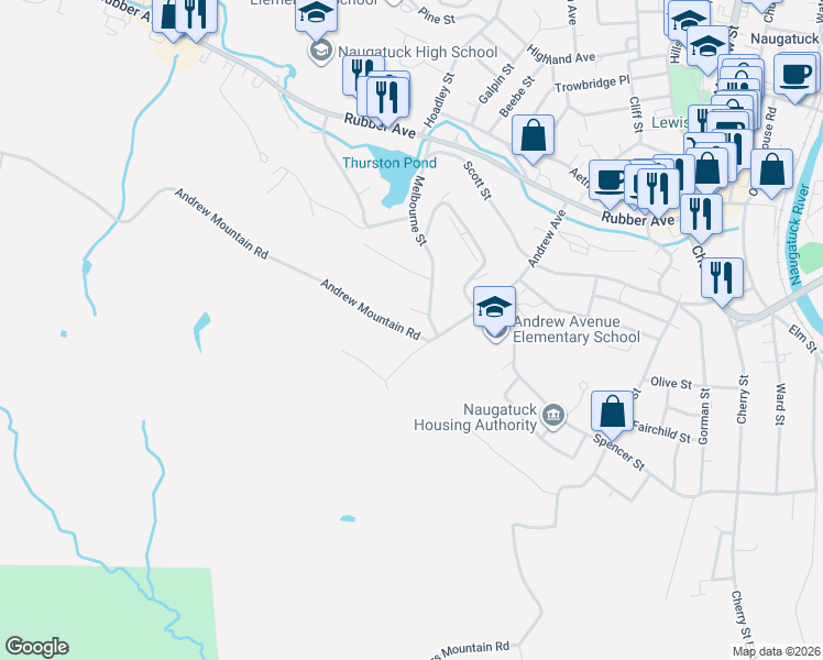 map of restaurants, bars, coffee shops, grocery stores, and more near 21 Andrew Mountain Road in Naugatuck