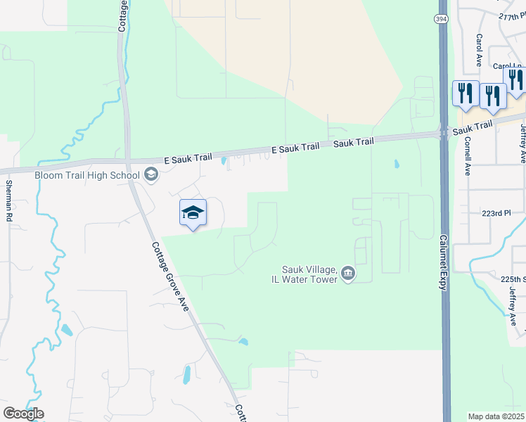 map of restaurants, bars, coffee shops, grocery stores, and more near 1185 Janice Drive in Sauk Village
