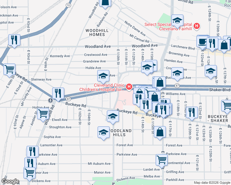 map of restaurants, bars, coffee shops, grocery stores, and more near 10950 Shaker Boulevard in Cleveland